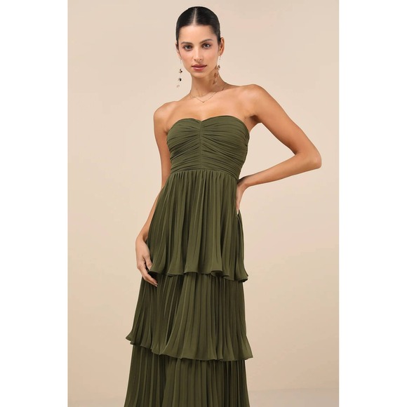 NWT Lulus Seriously Sensational Olive Green Strapless Tiered Maxi Dress Small - Picture 4 of 4